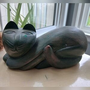 Vintage Carved Wood Cat Made In Indonesia Large Laying Cat Lightweight